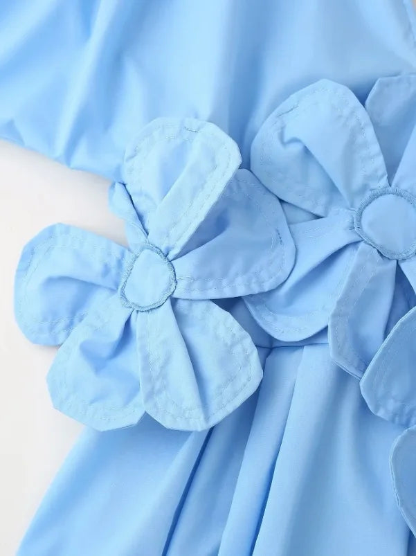 Azul com decote em v cintura cinching cinto 3d flor borboleta nó férias vestido longo feminino moda transfronteiriça manga curta sino sle