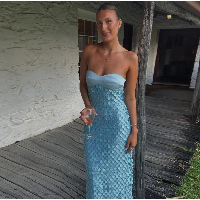 Verão lantejoulas oco para fora vestido longo feminino sexy em torno do pescoço sem mangas fino ajuste feminino vestidos hip pacote senhora beachwear 2025