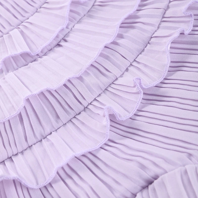 Verão temperamento plissado halter pescoço longo vestido de férias alta qualidade roxo sem alças 2025 novo clube roupas vestidos