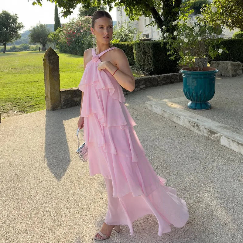 3d flor babados em camadas vestidos femininos elegante chiffon sem costas sem mangas fofo vestido longo 2025 verão nova senhora praia robes