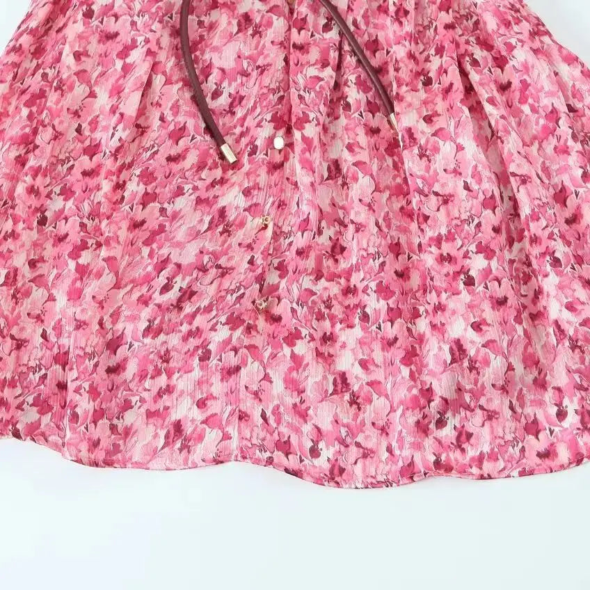 Traf & feminino 2025 primavera nova moda vento preguiçoso cinto fino impresso vestido chique v coringa botão manga longa mini saia vestidos mujer
