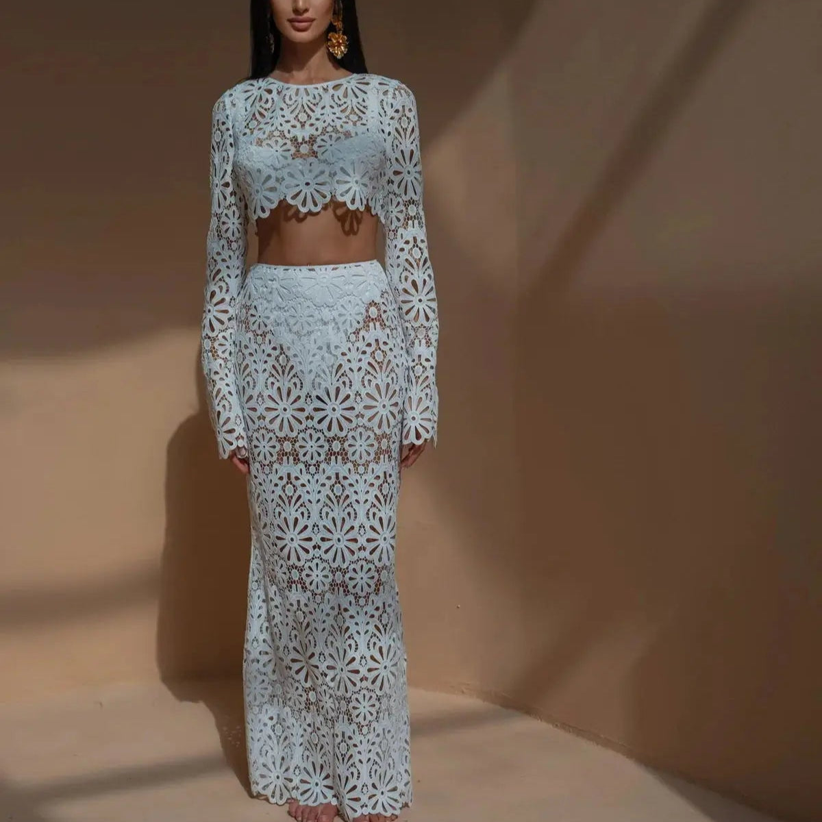 Branco elegante bordado oco para fora vestidos de praia conjunto sexy ver embora colheita topos saias longas conjuntos femininos roupas de verão