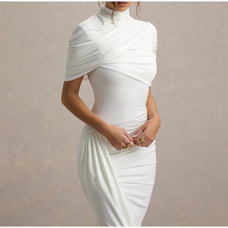 Chic sólido plissado hem retalhos vestidos longos feminino elegante o pescoço mangas completas roupões moda feminina férias high street wear