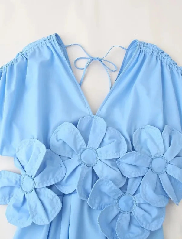 Azul com decote em v cintura cinching cinto 3d flor borboleta nó férias vestido longo feminino moda transfronteiriça manga curta sino sle