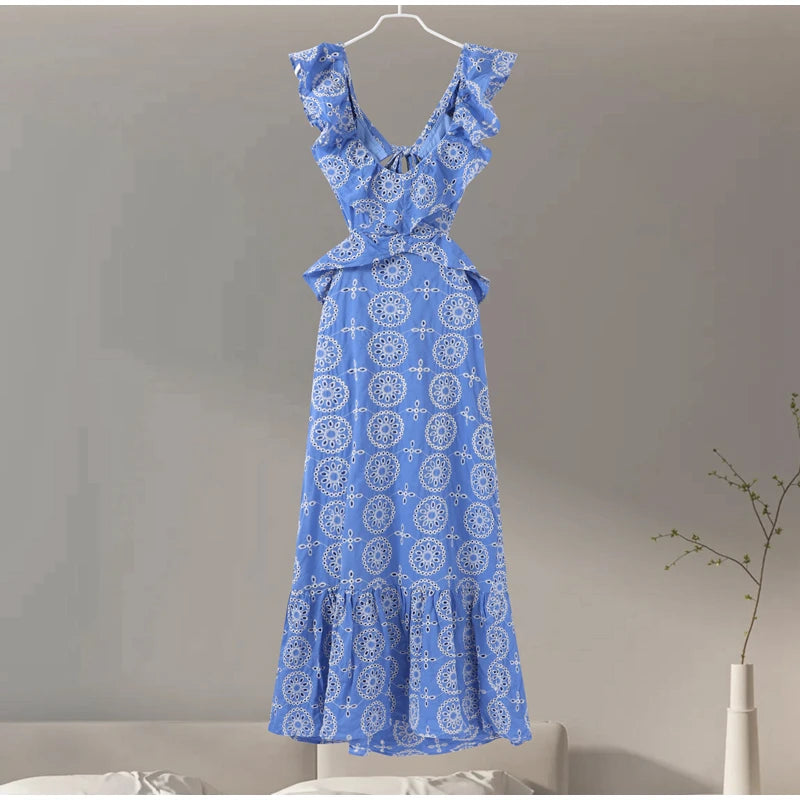 Maxi vestido oco bordado feminino, Longo, Sem mangas, Sem encosto, Ruffle, Praia, Feriado, Lady Party Robe, Sexy, Verão, 2022