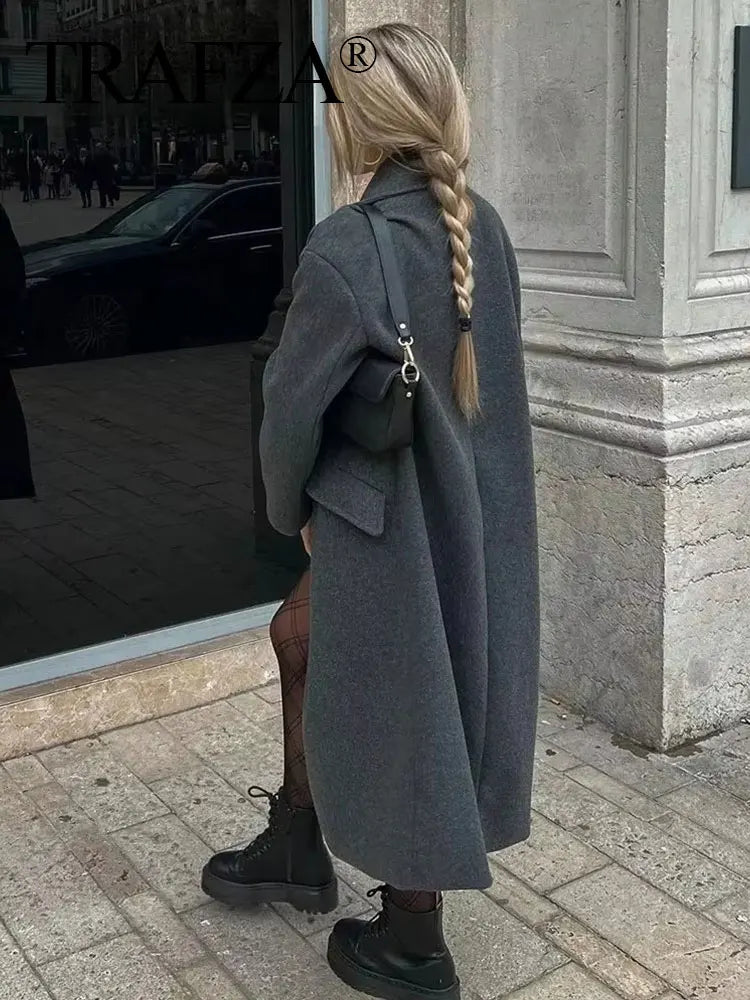Trafza casaco de inverno para mulher 2024 lapela sólida duplo breasted longo cardigan topo feminino pokcet streetwear mulher novo em outerwear