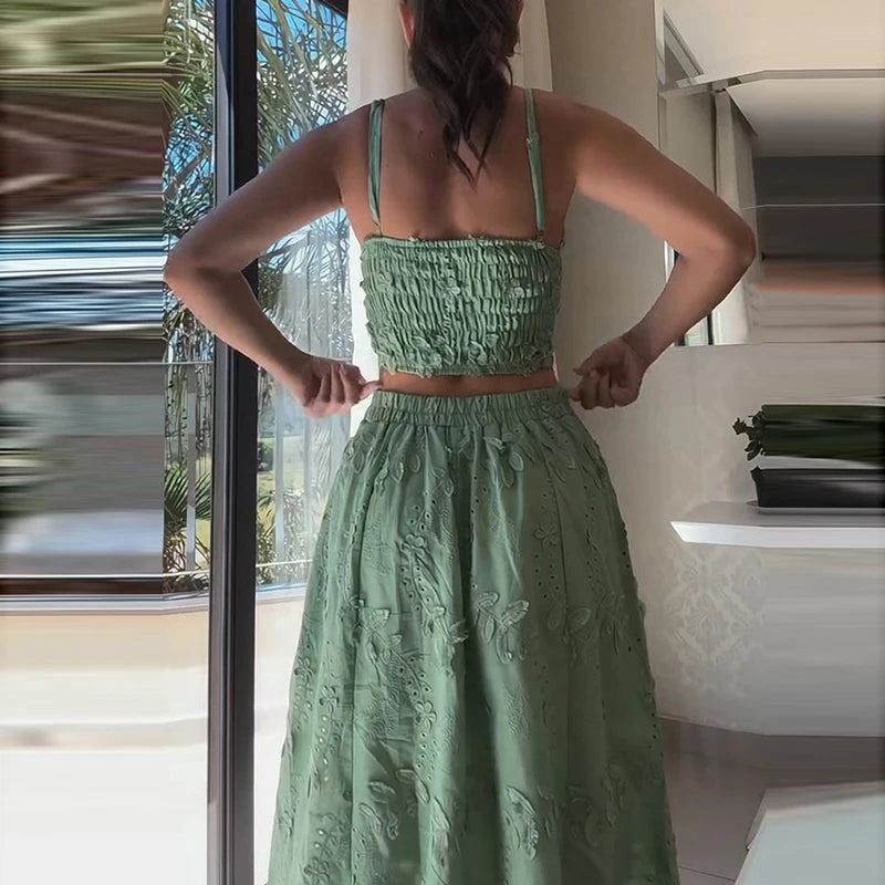 Sexy fora do ombro superior e saias longas ternos de verão elegante plissado fino ajuste praia outfit novo verde jacquard festa conjuntos femininos
