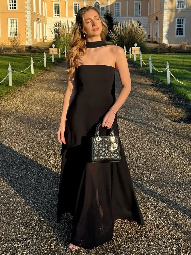 Taruxy vestido longo sem alças com fenda e fita feminino sem mangas malha elegante vestido de férias de praia 2025 primavera novo vestido feminino