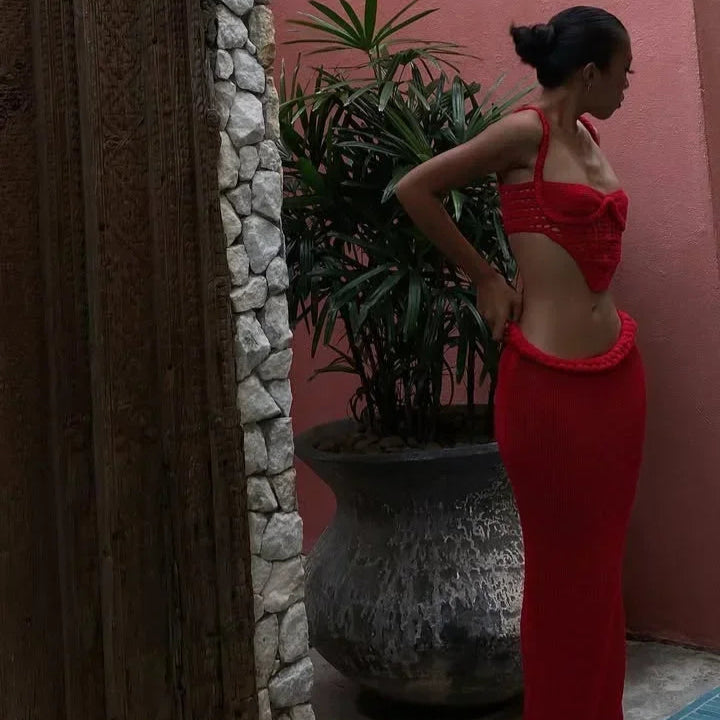 Férias de malha 2 peça terno feminino sexy halter sem mangas sem costas colheita tanque longo quadril pacote saia 2025 férias senhora conjuntos