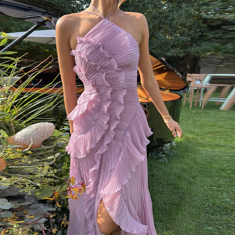 Verão temperamento plissado halter pescoço longo vestido de férias alta qualidade roxo sem alças 2025 novo clube roupas vestidos