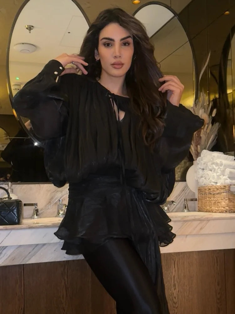 Elegante camada babados sólido cintura alta mini saias define moda feminina rendas até o pescoço blusa plissada ternos 2025 senhora chique outfits