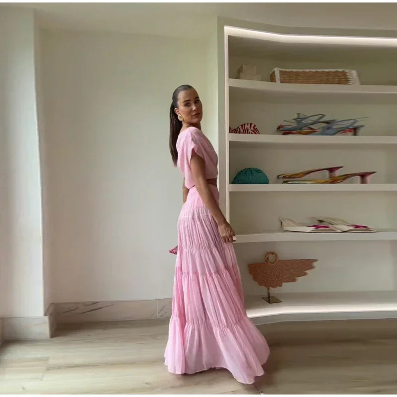 Moda sólida saia plissada define feminino sem mangas colheita topos de cintura alta elástica a linha saias 2025 primavera senhora ternos elegantes