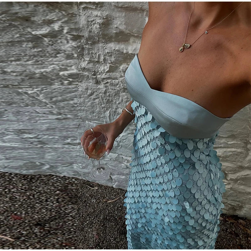 Verão lantejoulas oco para fora vestido longo feminino sexy em torno do pescoço sem mangas fino ajuste feminino vestidos hip pacote senhora beachwear 2025