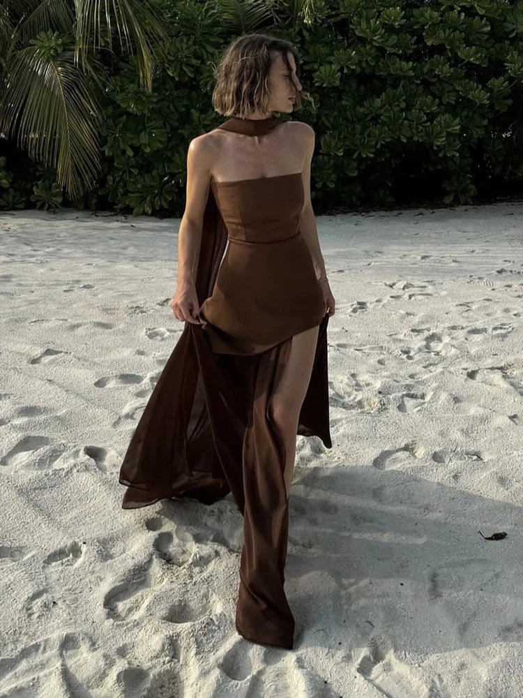 Taruxy vestido longo sem alças com fenda e fita feminino sem mangas malha elegante vestido de férias de praia 2025 primavera novo vestido feminino