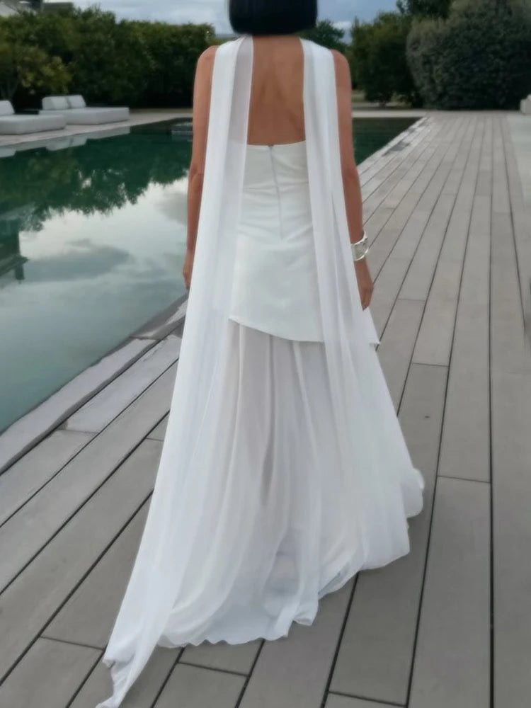 Taruxy vestido longo sem alças com fenda e fita feminino sem mangas malha elegante vestido de férias de praia 2025 primavera novo vestido feminino