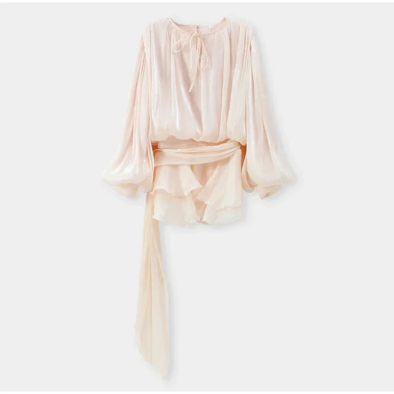 Elegante camada babados sólido cintura alta mini saias define moda feminina rendas até o pescoço blusa plissada ternos 2025 senhora chique outfits