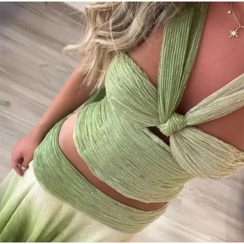 Gradiente saias longas outfits feminino halter sem mangas rendas até sem costas conjuntos de dobra feminino 2025 verão chique festival praia ternos