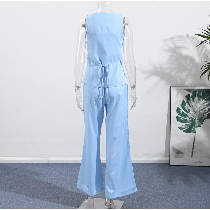 Conjunto de duas peças de linho feminino sem mangas pescoço quadrado colete combinando calças largas verde limão casual escritório verão outfit ternos