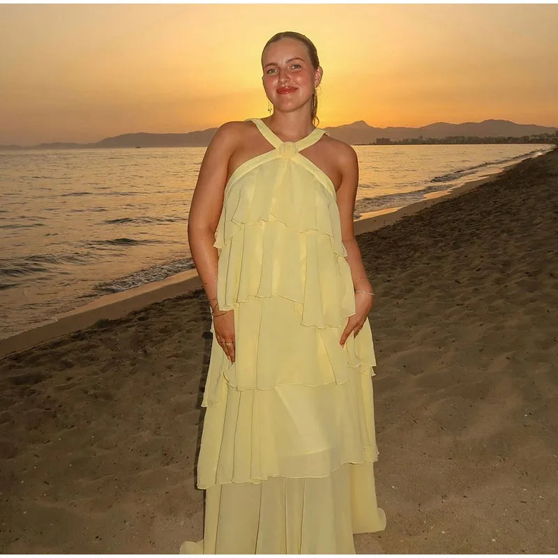 3d flor babados em camadas vestidos femininos elegante chiffon sem costas sem mangas fofo vestido longo 2025 verão nova senhora praia robes