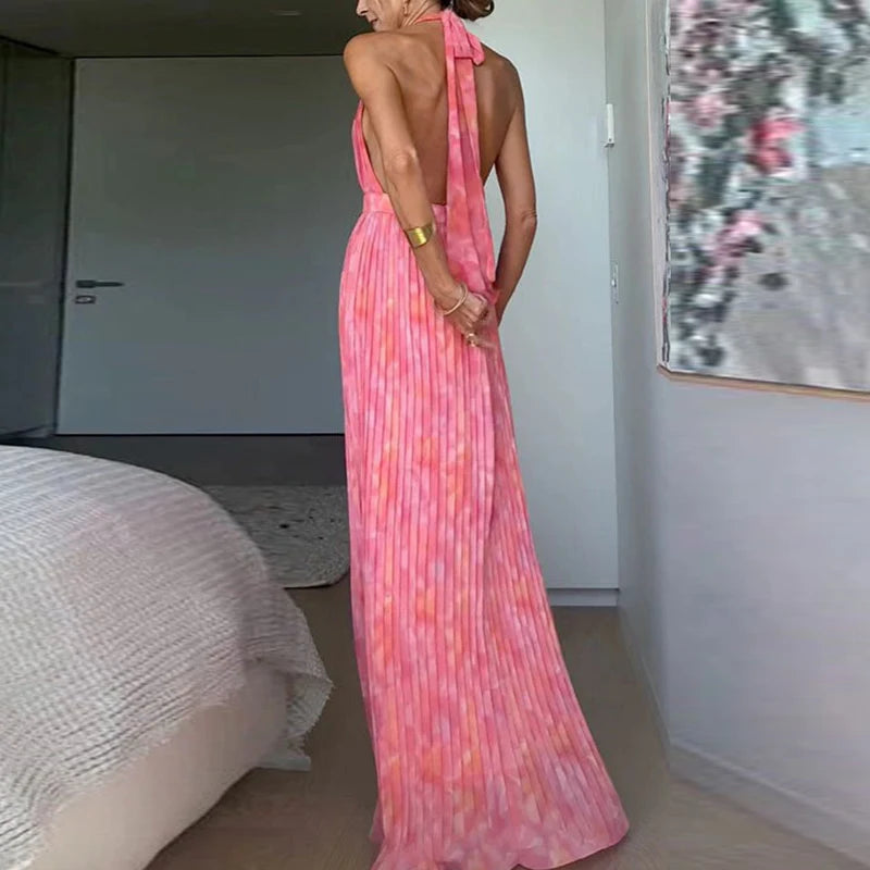 Sexy baixo corte com decote em v tie-up vestido de noite feminino moda padrão impressão plissado vestido longo elegante sem mangas sem costas vestido de festa
