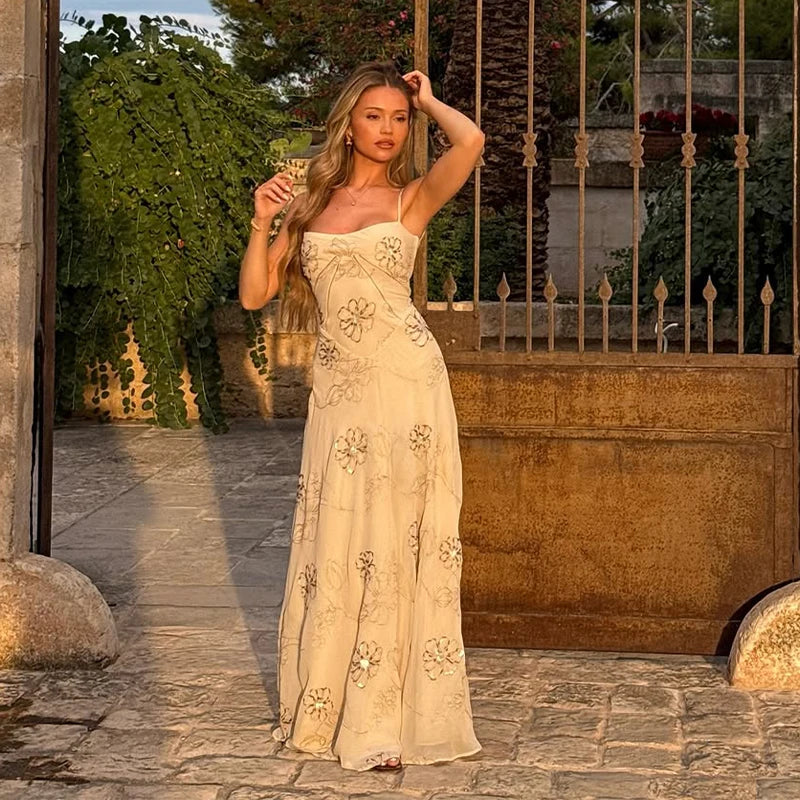 Branco floral impresso cinta de espaguete maxi vestido feminino pescoço quadrado sem mangas vestidos fluidos nova praia férias senhora vestido 2025