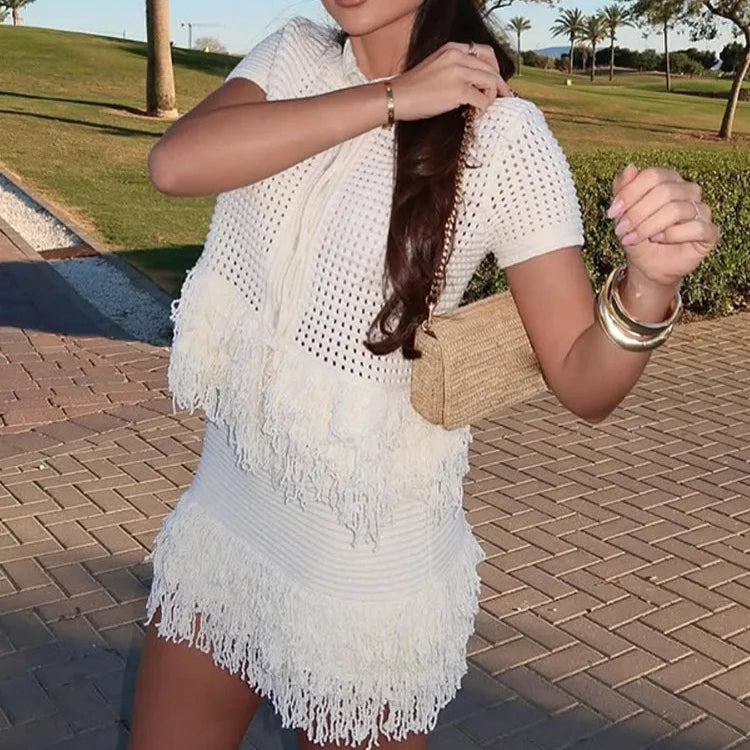 Conjuntos de saia de bainha de borla sólida manga curta lapela topos sexy hip abraçando saias 2 peça conjunto feminino festa streetwear 2025 outfits