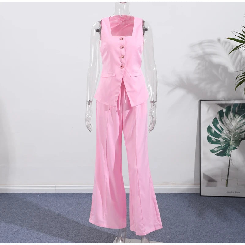 Conjunto de duas peças de linho feminino sem mangas pescoço quadrado colete combinando calças largas verde limão casual escritório verão outfit ternos
