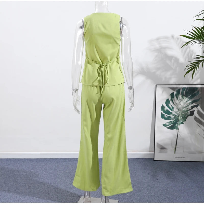 Conjunto de duas peças de linho feminino sem mangas pescoço quadrado colete combinando calças largas verde limão casual escritório verão outfit ternos