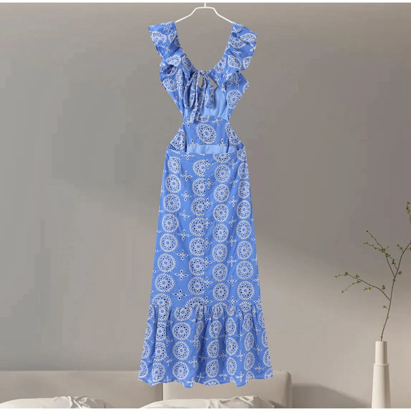 Maxi vestido oco bordado feminino, Longo, Sem mangas, Sem encosto, Ruffle, Praia, Feriado, Lady Party Robe, Sexy, Verão, 2022