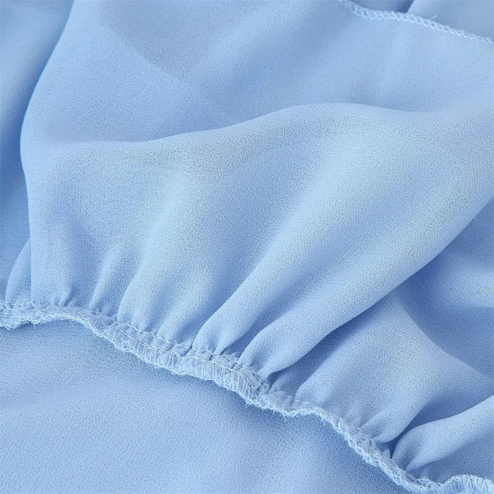 Veithche feminino babados mini vestidos chiffon solto gola alta manga alargamento vestido azul primavera verão 2025 senhora vestidos de férias