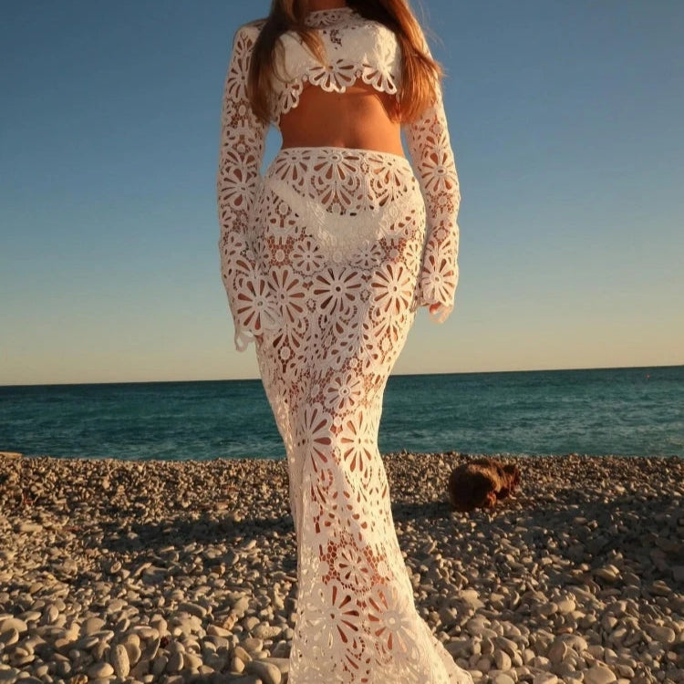 Branco elegante bordado oco para fora vestidos de praia conjunto sexy ver embora colheita topos saias longas conjuntos femininos roupas de verão
