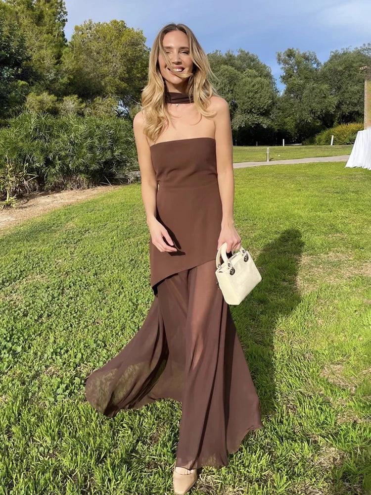 Taruxy vestido longo sem alças com fenda e fita feminino sem mangas malha elegante vestido de férias de praia 2025 primavera novo vestido feminino