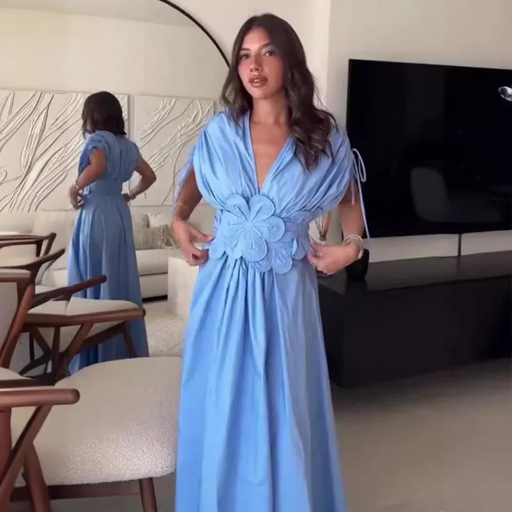 Azul com decote em v cintura cinching cinto 3d flor borboleta nó férias vestido longo feminino moda transfronteiriça manga curta sino sle