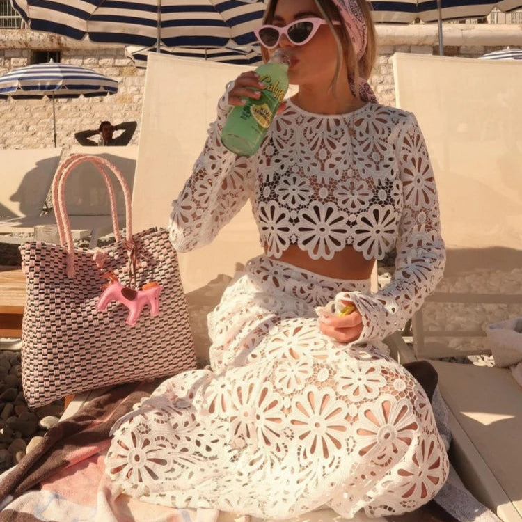 Branco elegante bordado oco para fora vestidos de praia conjunto sexy ver embora colheita topos saias longas conjuntos femininos roupas de verão