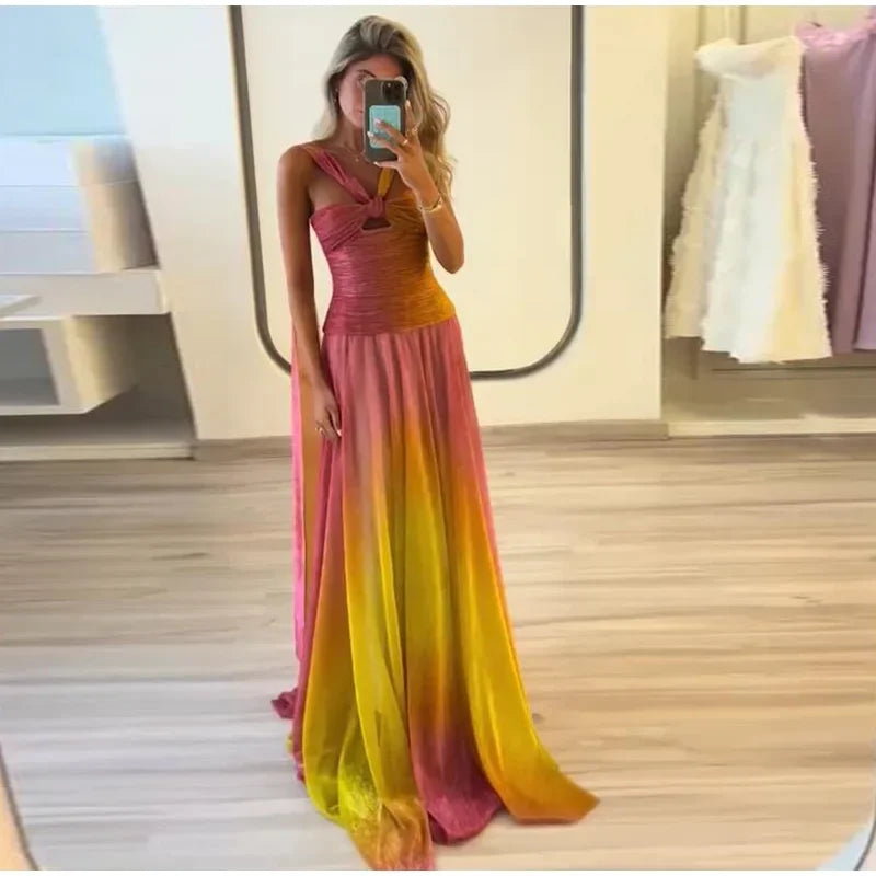 Elegante gradiente fita vestido longo feminino oco plissado sem mangas sem costas vestidos de praia 2025 verão senhora roupões de noite