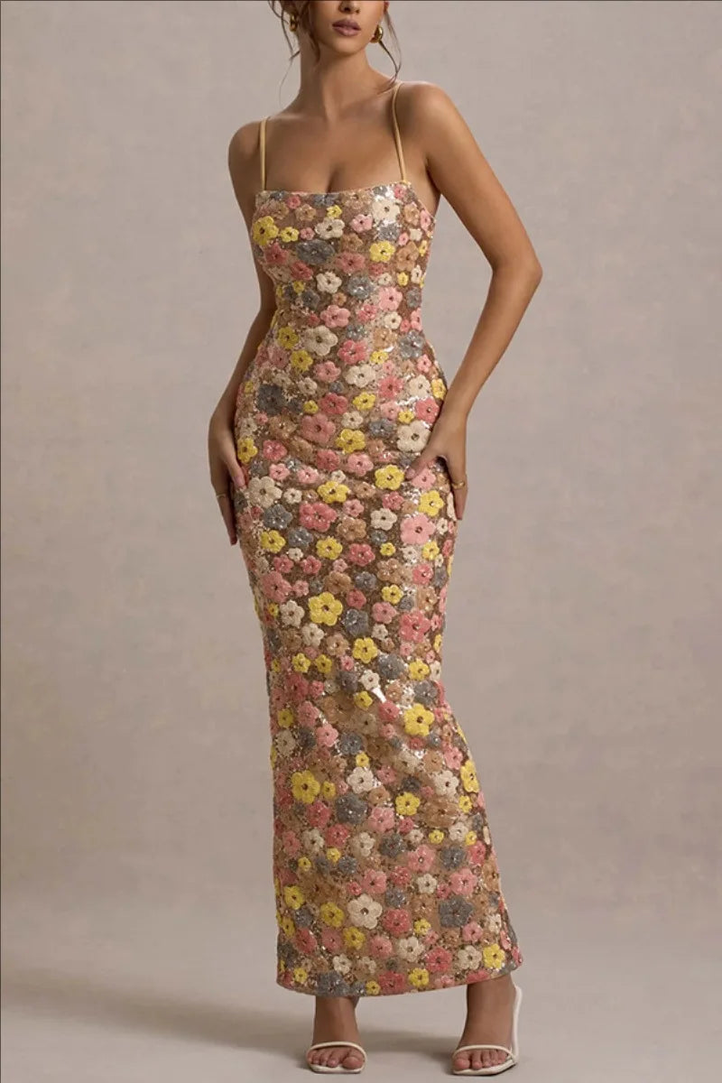 Summ feminino flores lantejoulas retalhos magro festa vestido longo sem alças moda maxi vestido, sexy sem mangas senhoras vestido vestidos