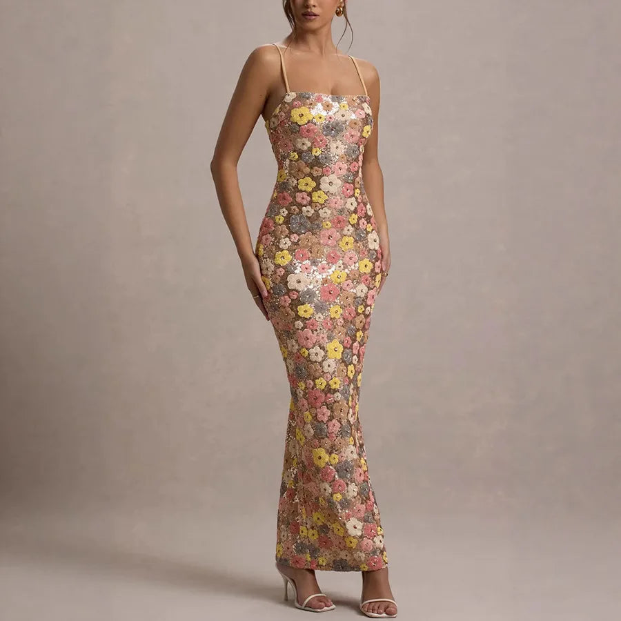 Summ feminino flores lantejoulas retalhos magro festa vestido longo sem alças moda maxi vestido, sexy sem mangas senhoras vestido vestidos