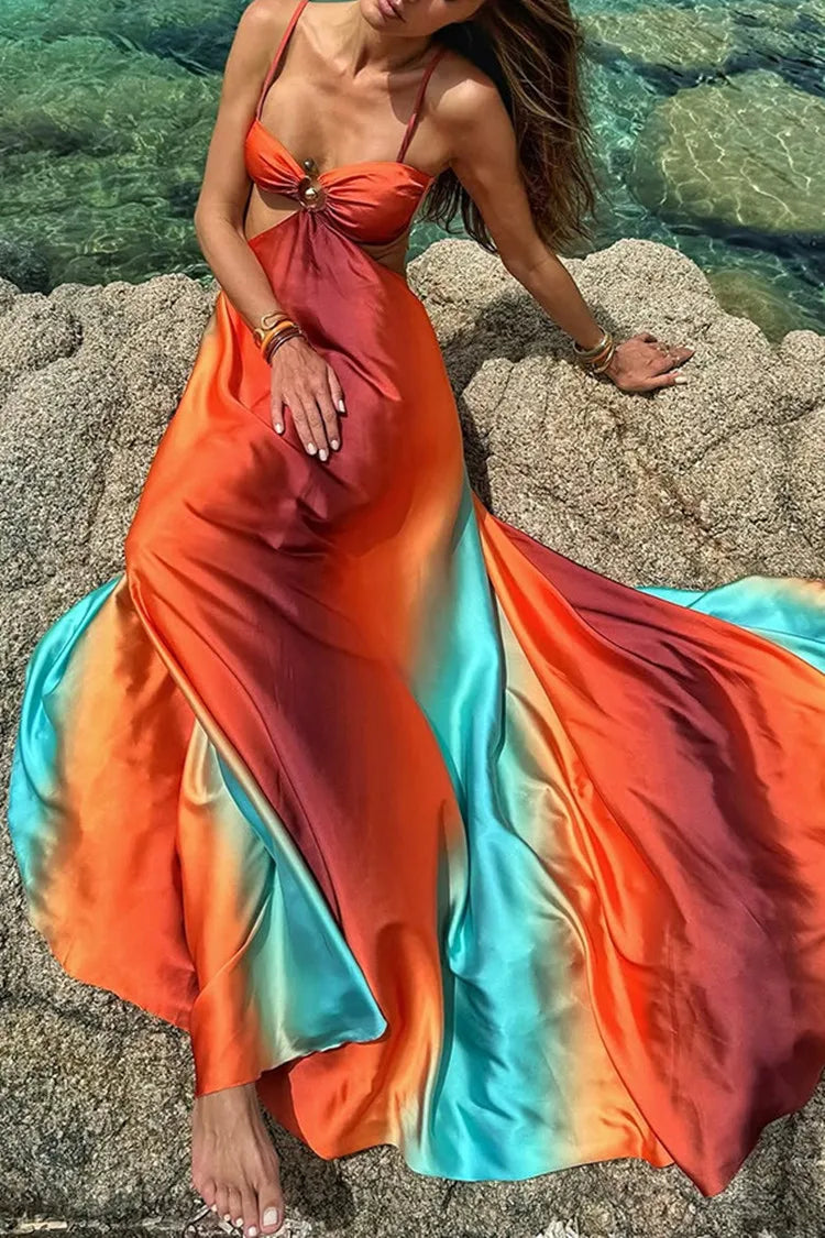 Sexy gradiente oco para fora maxi vestido feminino sem costas sem mangas estilingue vestidos longos 2025 férias de verão boho praia roupões de cetim