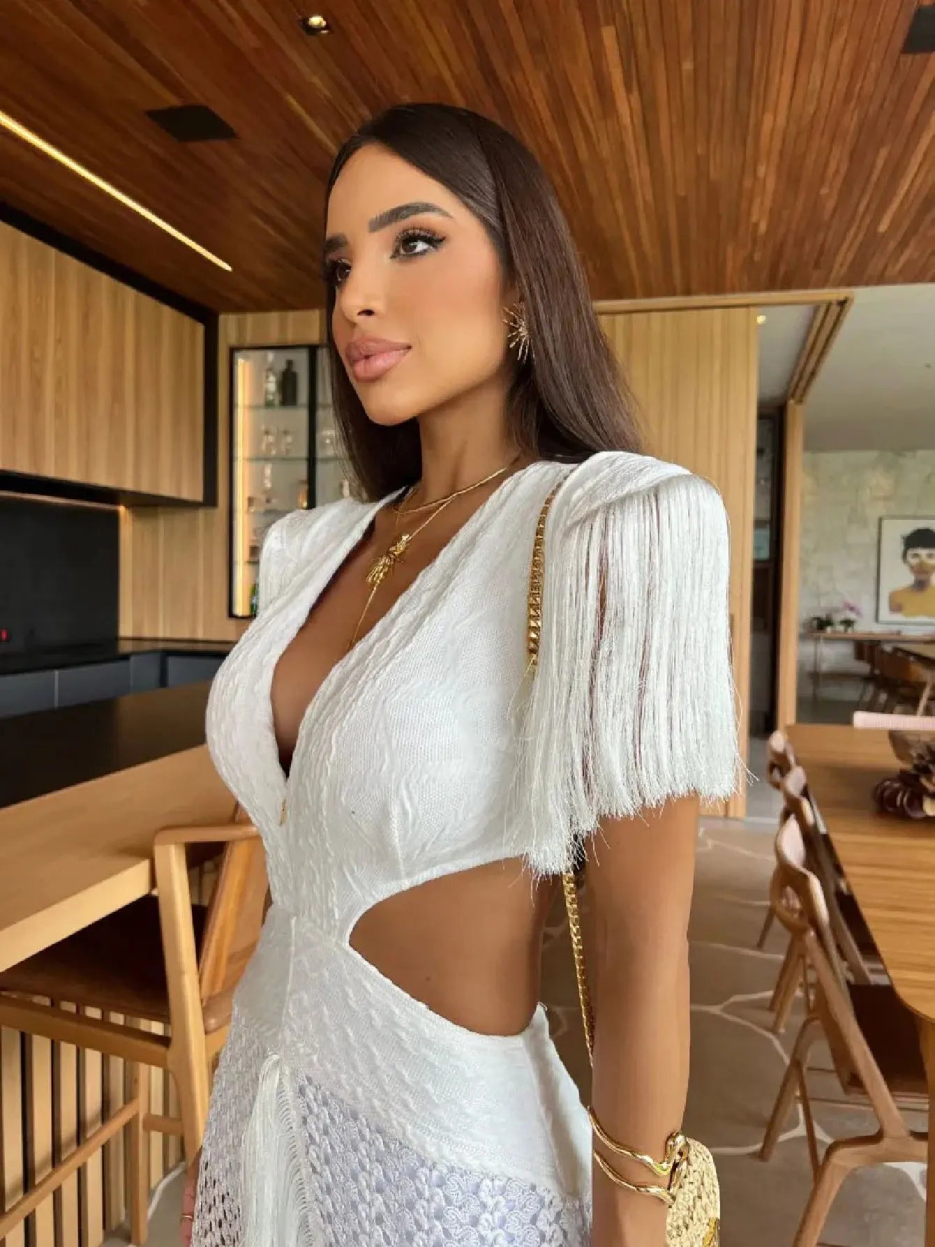 Vestido longo com borlas para mulheres, decote em V profundo, sexy e elegante, festa feminina, férias, vestido chique, roupas femininas, novo, 2024