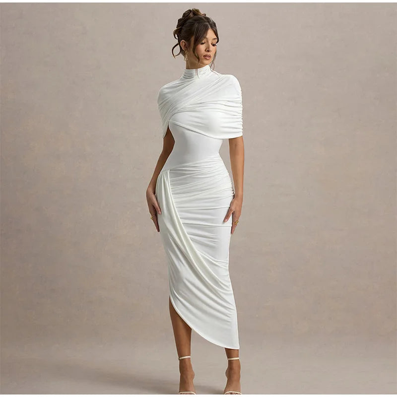 Chic sólido plissado hem retalhos vestidos longos feminino elegante o pescoço mangas completas roupões moda feminina férias high street wear
