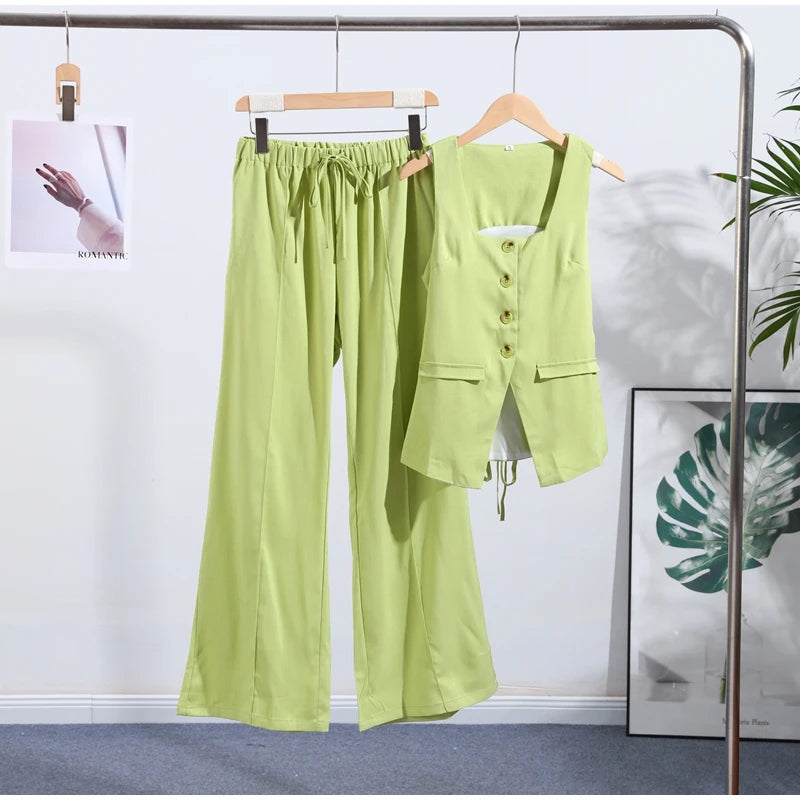 Conjunto de duas peças de linho feminino sem mangas pescoço quadrado colete combinando calças largas verde limão casual escritório verão outfit ternos