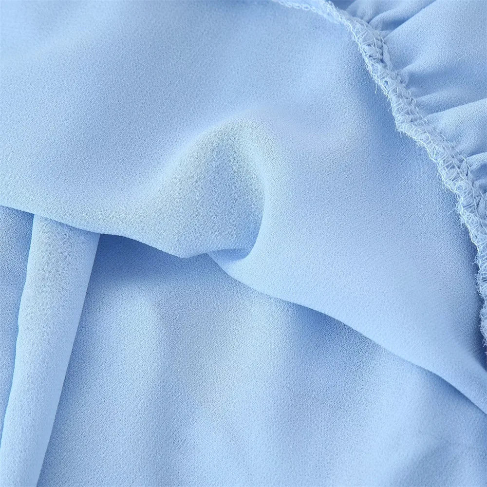 Veithche feminino babados mini vestidos chiffon solto gola alta manga alargamento vestido azul primavera verão 2025 senhora vestidos de férias