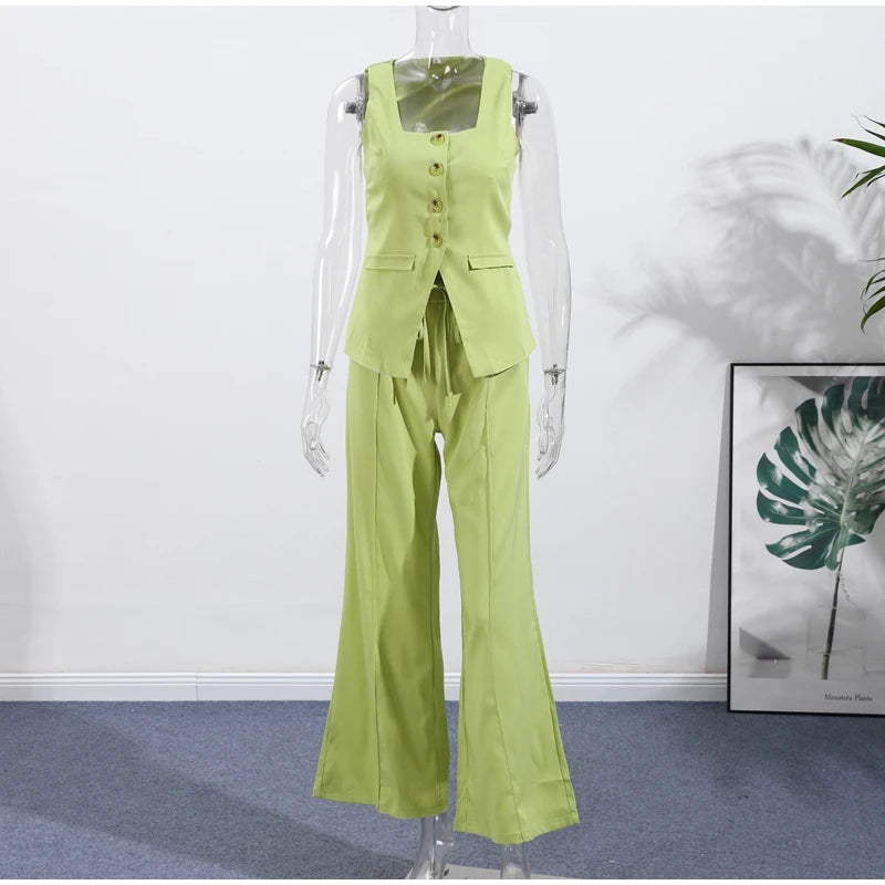 Conjunto de duas peças de linho feminino sem mangas pescoço quadrado colete combinando calças largas verde limão casual escritório verão outfit ternos