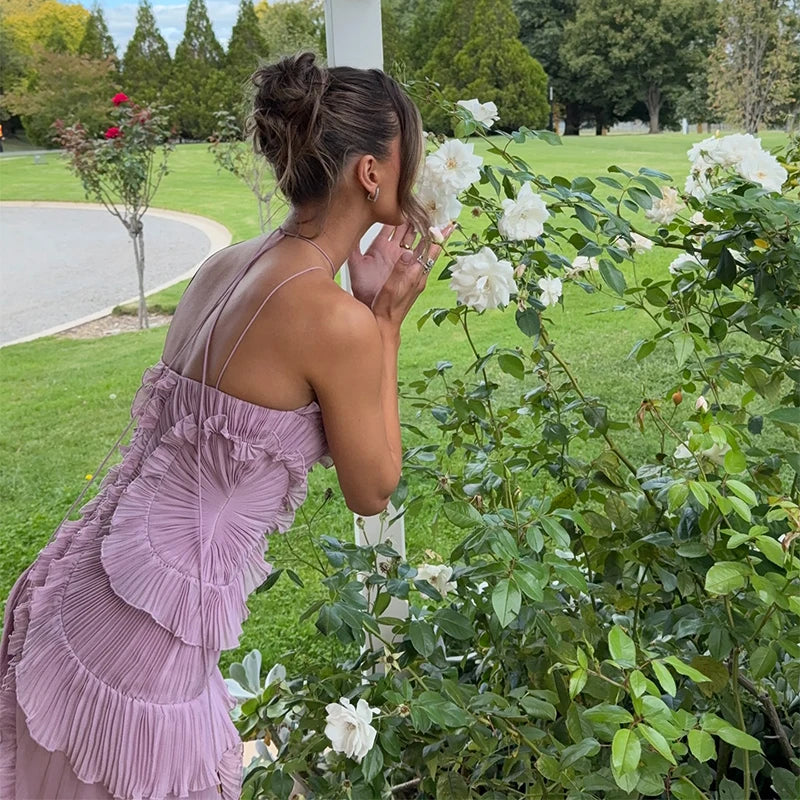 Verão temperamento plissado halter pescoço longo vestido de férias alta qualidade roxo sem alças 2025 novo clube roupas vestidos