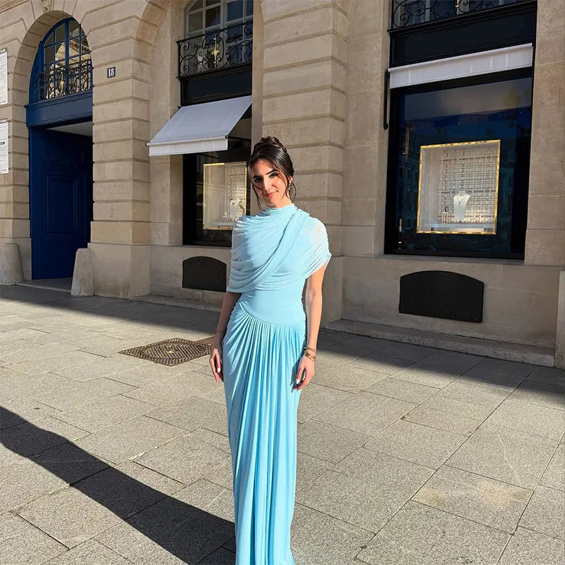 Chic sólido plissado hem retalhos vestidos longos feminino elegante o pescoço mangas completas roupões moda feminina férias high street wear
