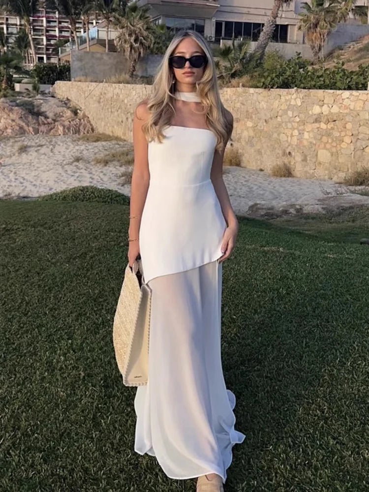 Taruxy vestido longo sem alças com fenda e fita feminino sem mangas malha elegante vestido de férias de praia 2025 primavera novo vestido feminino