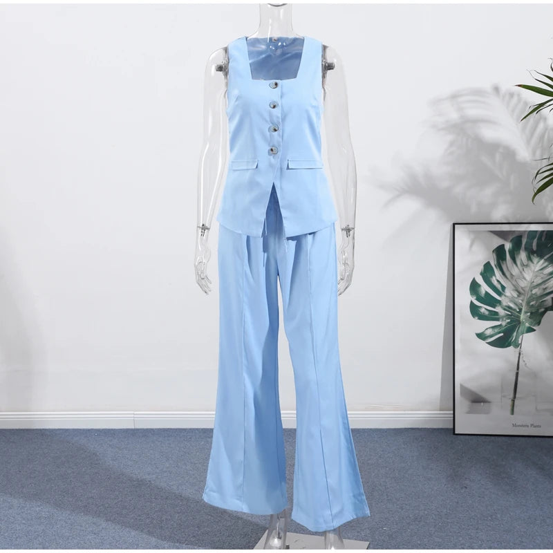 Conjunto de duas peças de linho feminino sem mangas pescoço quadrado colete combinando calças largas verde limão casual escritório verão outfit ternos