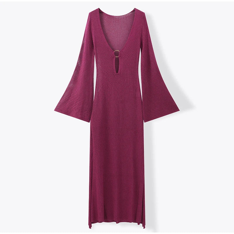 Sexy anel de metal emenda feminino com decote em v divisão crochê vestido chique manga alargada magro oco para fora roupões senhora praia férias vestido