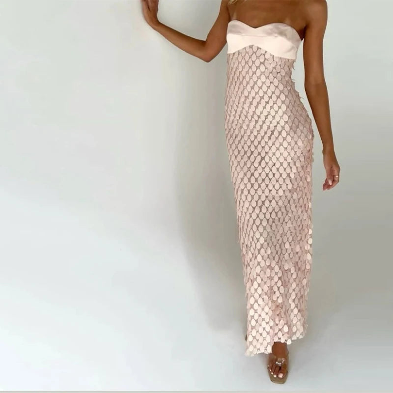 Verão lantejoulas oco para fora vestido longo feminino sexy em torno do pescoço sem mangas fino ajuste feminino vestidos hip pacote senhora beachwear 2025