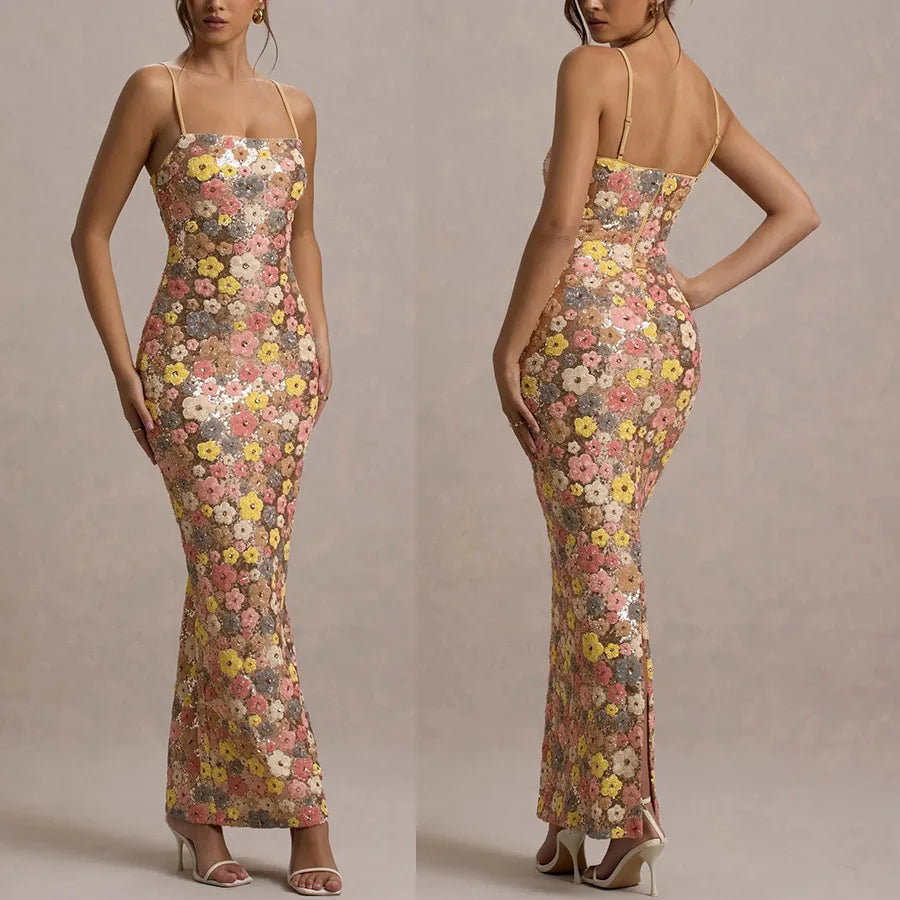 Summ feminino flores lantejoulas retalhos magro festa vestido longo sem alças moda maxi vestido, sexy sem mangas senhoras vestido vestidos